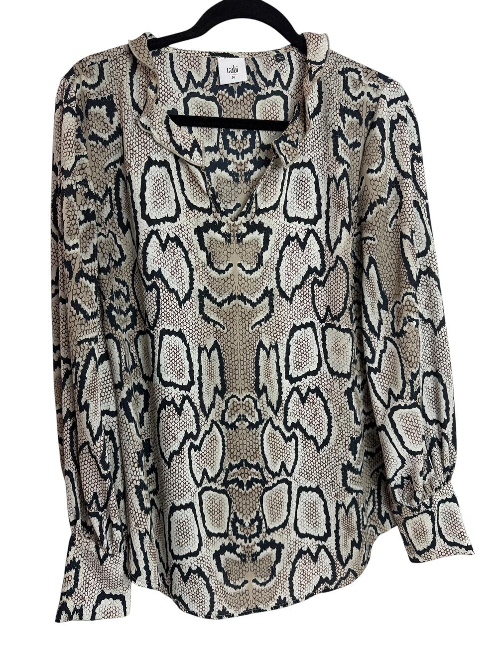 CAbi Blouse Womens Medium Beige Snake Animal Print V Neck Ruffle Long Sleeve Top